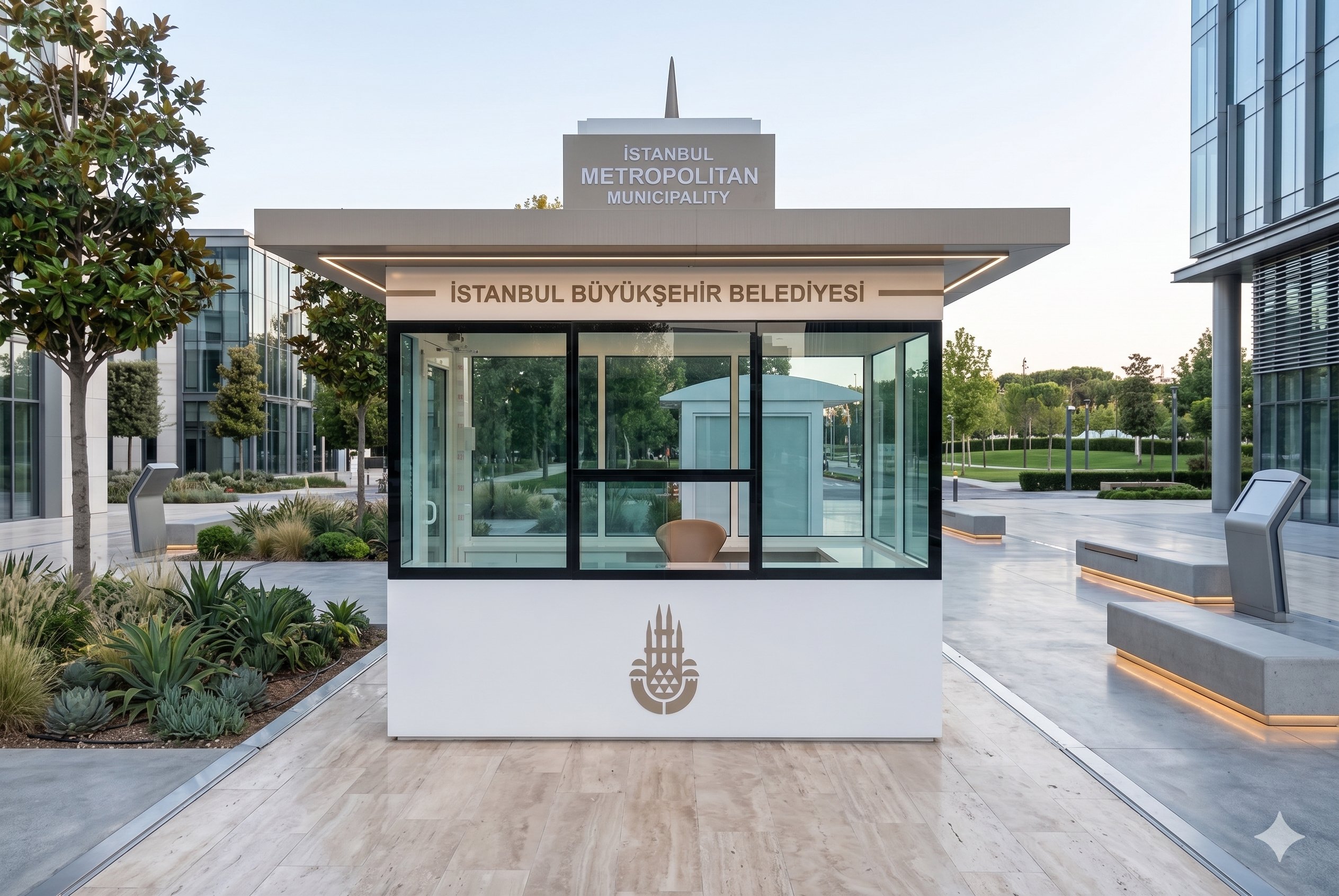 Urbaniture Security Kiosk — a glazed, human-scale security cabin in a public plaza, carrying municipal identity