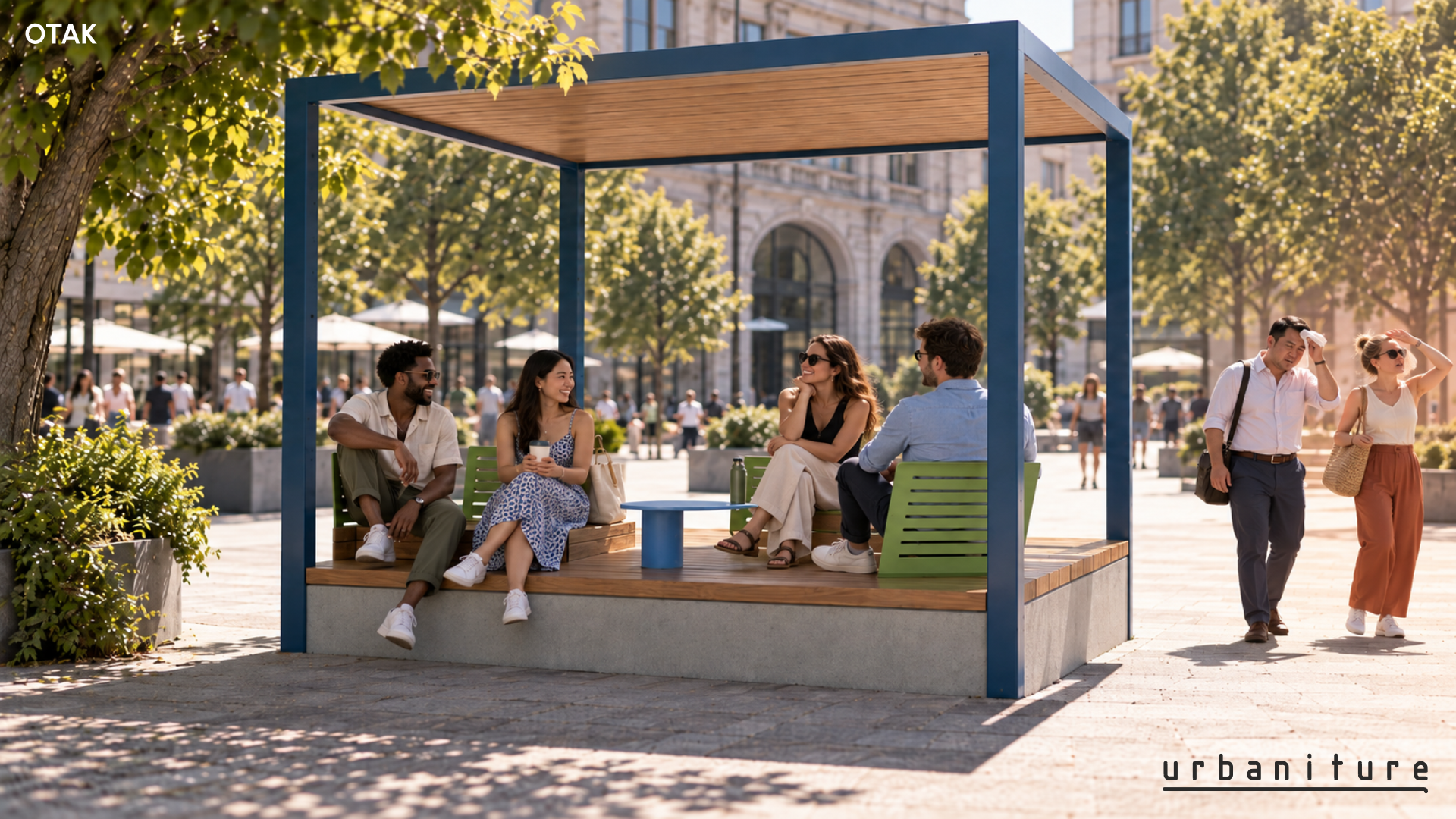 Otak by Urbaniture Climate-Adaptive Urban Furniture Design OTAK shaded urban furniture structure providing comfortable seating in a hot public square.