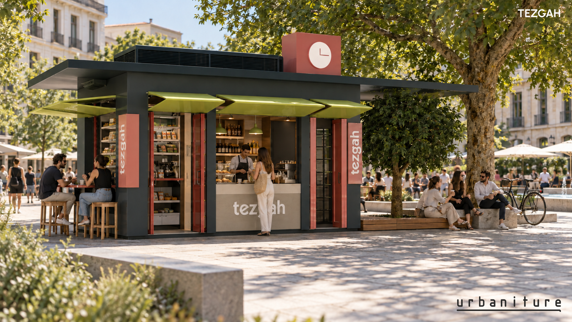Tezgah by Urbaniture Climate-Adaptive Urban Furniture Design Tezgah Tezgah urban kiosk integrated with tree shade, seating and social activity in a contemporary public square.