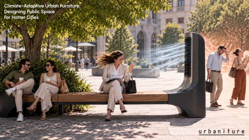 Climate-adaptive urban furniture contrasting tree shade with mechanical cooling discomfort in a public space.